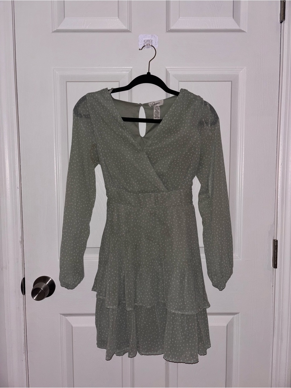 Light Sage Polka Dot Long-Sleeve Wrap Dress